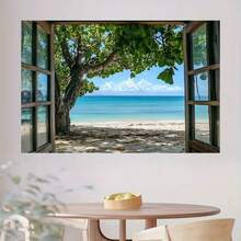 1 Stück Naturstrandomhang Fotohintergrund Tuch, Fensterbaum, grüne Blätter, Meersicht, Stranddekorationshintergrund, Fotorequisiten, Tapete, Landschaftsfotostudio Hintergrundvorhang, geeignet für Geburtstagsfeiern, Outdoor-Feiern, Urlaubsveranstaltungen, Partybanner, mit verschiedenen Größen zur Auswahl