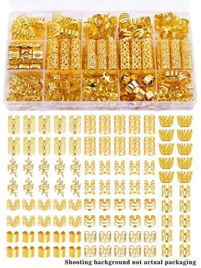 220pcs Metal Hair Braiding Rings & Cuffs Set - Hip-Hop Punk Style Hollow-Out Dreadlock Beads For Women And Girls, DIY Braid Jewelry Accessories, Solid Color Hair Clips For Stylish Updos And Braids