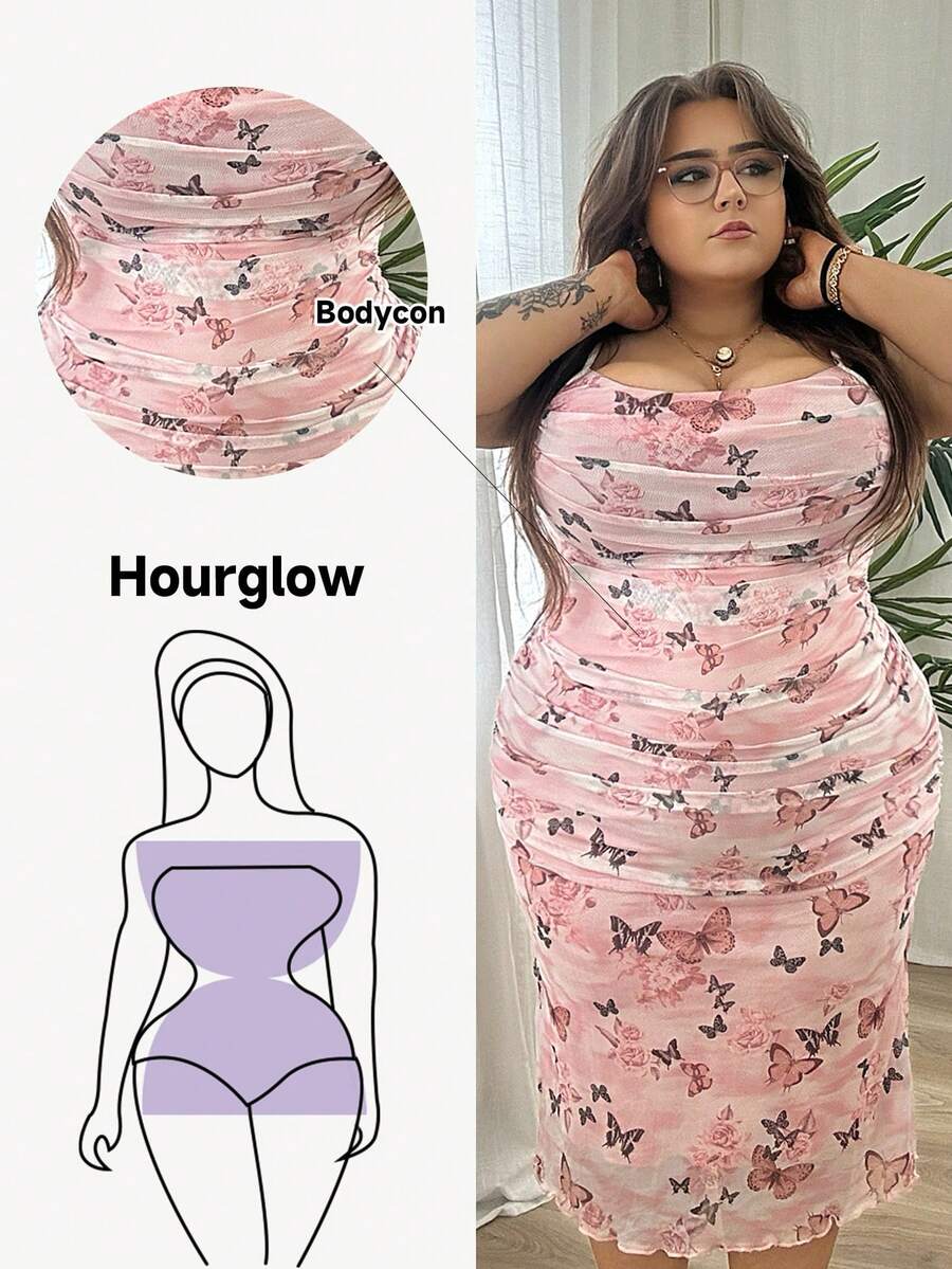 Hourglow 加大码夏季粉色蝴蝶印花浪漫可爱连衣裙、早午餐装、婚礼宾客返校节礼服、约会之夜舞会礼服、挤奶女工礼服 - 粉色 - 查看 1