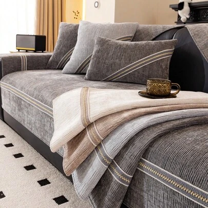 1件装四季通用沙发垫套，现代简约防滑沙发座垫，防尘可水洗，深灰色柔软防褪色，宠物友好型沙发毯，雪尼尔材质，可调节，适用于转角沙发，适合卧室、办公室、客厅组合家具、L型沙发以及1/2/3/4座沙发。