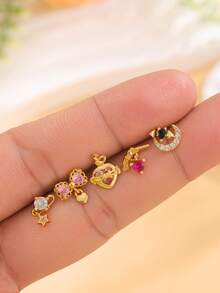 5/6/22pcs Copper Zirconia Butterfly, Heart Geometric L-Shaped Nose Stud & Earrings, Unisex Piercing Jewelry For Daily Wear - Multicolor - View 13