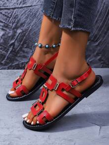 女士铆钉镂空舒适平底凉鞋，纯色波西米亚风PU皮革铆钉搭扣平底凉鞋，适合海滩、婚礼、派对、办公室、居家、户外、夏季穿着 - 紅色 - 查看 5