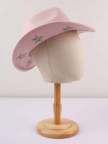 1 szt. Neutralny jednolity kolor Unikalny spersonalizowany błyszczący kryształ górski Hollow Star Printed Denim Hat, damski kapelusz z dżinsu Western, kreatywny i interesujący kapelusz z szerokim rondem w stylu punkowym, moda uliczna