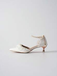 Fairy Style High Heel Shoes, Ideal With Dress, Women Versatile Low Heel Pointed Toe Pumps, Fashion Match Jumpsuit, Fashion Faux Pearl Stiletto Sandals Bridal Wedding Shoes Valentines Winter Gifts - White - View 10