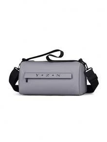 Casual Color Block Cylindrical Sport Shoulder Bag, Casual Letter Pattern Cylindrical Sport Gym Bag, Portable Zipper Light-Weight Hand Carry Bag Fashionable Unisex Everyday Use, Light-Weight Large Capacity Luggage Bag, Training Bag - Grey - View 1