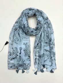 1件佩斯利花纹轻盈流苏披肩，优雅风格围巾，时尚女士真丝围巾，亮丽波点长款围巾，适合户外、海滩、春夏等多种场合。