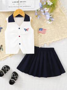 2pcs Girls Patriotic Outfit Set 2025 American Flag & Butterfly Tank Top With Pleated Skirt, Toddler Summer Clothes (Age 2-3,4-5,6-7Y)