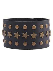 1件极简合金花朵铆钉皮革手链，朋克风格男女通用可调节手镯 - 黑色 - 查看 7