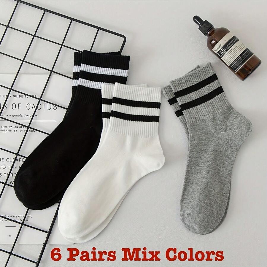 10/6/5/1 Pair Of Mixed Color Women's Mid-Length Socks, Suitable For All Seasons, Solid Color Sports Socks. Sweat-Wicking And Breathable, High Elasticity And Quick Drying, Good Breathability. (2 Pairs Black, 2 Pairs White, 2 Pairs Gray)