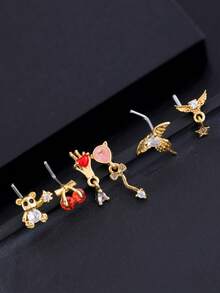 5/6/22pcs Copper Zirconia Butterfly, Heart Geometric L-Shaped Nose Stud & Earrings, Unisex Piercing Jewelry For Daily Wear - Multicolor - View 6