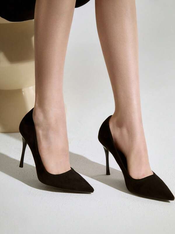 Damen elegante schwarze Veloursleder spitze offene Zehe 10cm hoher Absatz Pumps