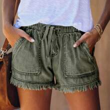 Women Lightweight Washed Denim Shorts, Casual Drawstring Hot Pants Elastic Waist Frayed Hem Loose Comfy Short Jeans - màu xanh lá - Xem 4