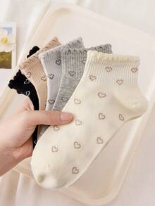 5双装女士白色粉色可爱蝴蝶结花卉图案透气吸湿舒适中筒袜，适合日常穿着和外出，随机发货，秋季款 - 彩色 - 查看 3