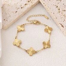 1pc 18K Gold Stainless Steel Premium Handcrafted Four-Leaf Clover Bracelet, Suitable For Women's Daily Wear