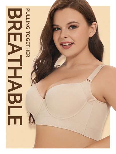 Plus Size Women's Full Coverage Underwire Bra With High Support, Deep Padded Cups For Back Smoothing - Elegant Everyday & Casual Bras For Full-Figured Women, Machine Washable  Sexy Cos    Knitted Fabric