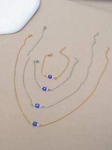 Conjunto de 2 peças de colar e pulseira de contas geométricas assimétricas minimalistas e modernas com mau-olhado em aço inoxidável, adequado para uso diário