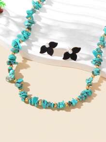 3pcs Boho Chic Irregular Turquoise Beads Chain Collar Necklace Black Petal Stud Earrings Summer Beach Vacation Jewelry Set