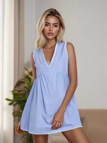 Summer Outfits For Women Summer Mini Tank Dress Sleeveless Deep V Neck  Floral Eyelet Beach Dress - Blue - View 7