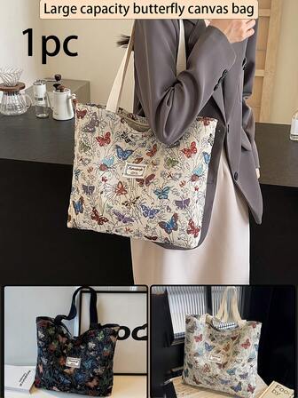 1 件蝴蝶单肩托特包帆布包通勤手提包女士旅行单肩包帆布包大号可重复使用购物袋，内有拉链袋，时尚折叠单肩包托特包，昆虫印花，涤纶衬里，拉链开合生日礼物通勤返校季学生工作旅行商务旅行