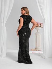 CHOSMO Große Größen neue Sommer Pailletten Hochzeit Frauenkleider, wunderschöne elegante Abendkleider, schlanke Taille lang Frauenkleider, formell, Partykleid, Abendkleid, für Abend, Hochzeitsgast - Schwarz - Übersicht 2
