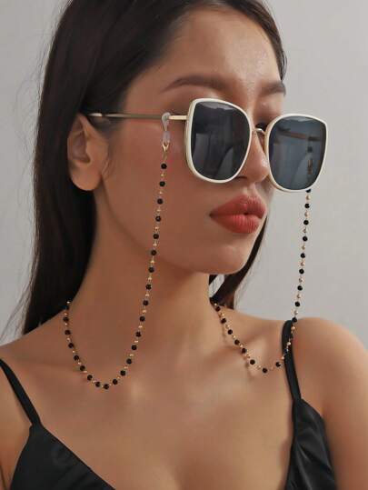 1pc Retro Black Gold Beaded Eyeglass Chain, Non-Slip Glasses Decorative Strap, Fashionable Women Casual Daily Accessory Suitable For Holiday And Party Wear
