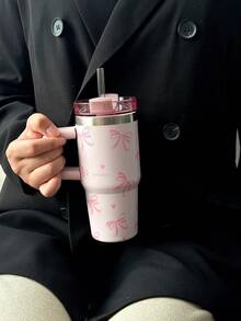 1 件 40 盎司-14 盎司不锈钢隔热杯，带蝴蝶结设计，大容量旅行杯带手柄，适用于汽车、学校、办公室、户外、健身房、家居，是送给女性和青少年的绝佳礼物，节日礼物，生日礼物（带吸管）