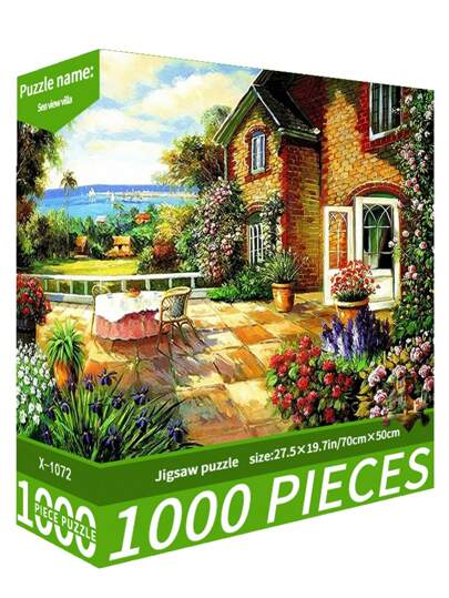 1 Scatola Puzzle da 1000 pezzi Paesaggio Villa Marittima, 70cm x 50cm, Stile di pittura ad olio di cartoni animati, Rompicapo per adulti per alleviare lo stress, Grande opera d'arte decorativa, Idea regalo per Ognissanti, Natale, San Valentino
