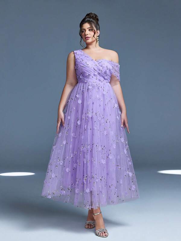 Mgiacy,New Arrival,One Shoulder,Romantic,3D Floral,Embroidery,Asymmetrical,Elegant,Bridesmaid Dress,Ruched ,Lilac,Long Dress,FOR,Wedding Guest