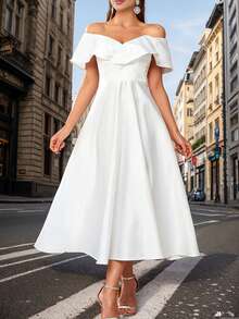 Neue Sommer Damen Weiße Kleider Klassisch Elegant Elegantes Off-Shoulder Plissee Abendkleid für Mode Einfarbig Schlankheits Weiß Abschluss Cocktailkleid Party Kleider für Damen - Weiss - Übersicht 3