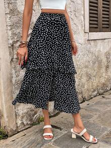 Casual Elegant Ditsy Floral Chiffon Double-Layer Ruffled Hem Split Skirt, Spring/Summer - Black - View 2
