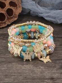 4pcs/Set Bohemian Elegant Delicate Butterfly Charm Beaded Bracelet Set, Suitable For Women's Daily Decoration