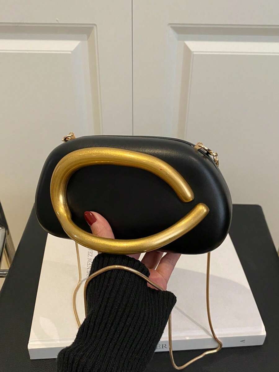 Vintage Metal Decor Clutch Box Burgundy New Bride Wedding Bridal Party Evening Bag, Women's Chain Shoulder Crossbody Bag - 黑色 - 查看 1