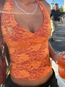 Women's Lace Halter Tank Tops Sleeveless Deep V-Neck Backless Slim Fit Vest Streetwear - Orange - View 2
