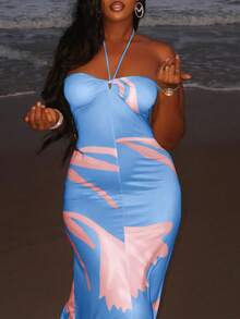 Digital Print Sleeveless Halter Neck Backless Fitted A-Line Dress, Party Dress, For Cocktail - Blue - View 6