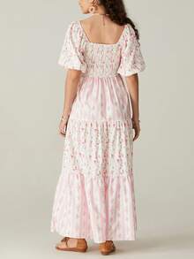 Women's Boho Floral Print Summer Dresses Square Neck Puff Sleeve A Line Long Dress Smocked Casual Maxi Dress Y2K Ruffle Tiered Beach Dresses - 粉色 - 查看 10