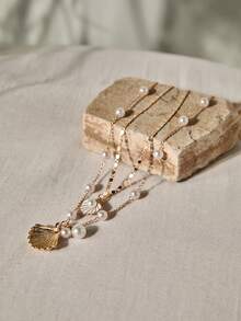 2件套海滩风金属海星、仿珍珠和贝壳项链首饰套装，度假风圣诞节冬季圣诞礼物 - 金色 - 查看 3