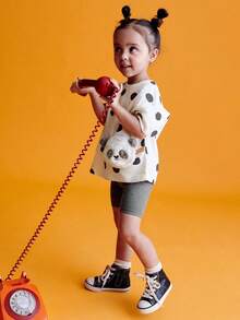 女童可爱熊猫刺绣 T 恤和短裤套装，100% 针织面料，圆领，短袖，略有弹性，儿童休闲夏季服装，户外 - 白色 - 查看 2