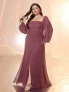 纯色长袖腰部荷叶边拉链荷叶边下摆高开叉雪纺晚礼服 - 紅木色 - 查看 4