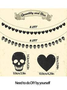 1 Set Gotischer schwarz herzförmiger Skelett Kranz Wimpel, schwarzer Filz Herzwimpel, Halloween Skelett Wimpel, geeignet für Gothik Geburtstags Party Deko - Halloween Heim Deko, Zimmer Deko, Feiertags Heim Deko und Party Hintergrund, Themenparty Deko
