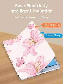 Pink Lily & Butterfly Pattern Tablet Protective Case, Compatible With IPad 9.7/10.2/10.5/10.9/12.9/Pro 11 (10th Gen), Galaxy Tab S6 Lite 10.4", Kindle Paperwhite (12th Gen, 2024), Kindle (11th Gen, 2022), Soft Shock-Proof Protection, Smart Stand/Auto Wake/Sleep Function - Multicolor - View 5