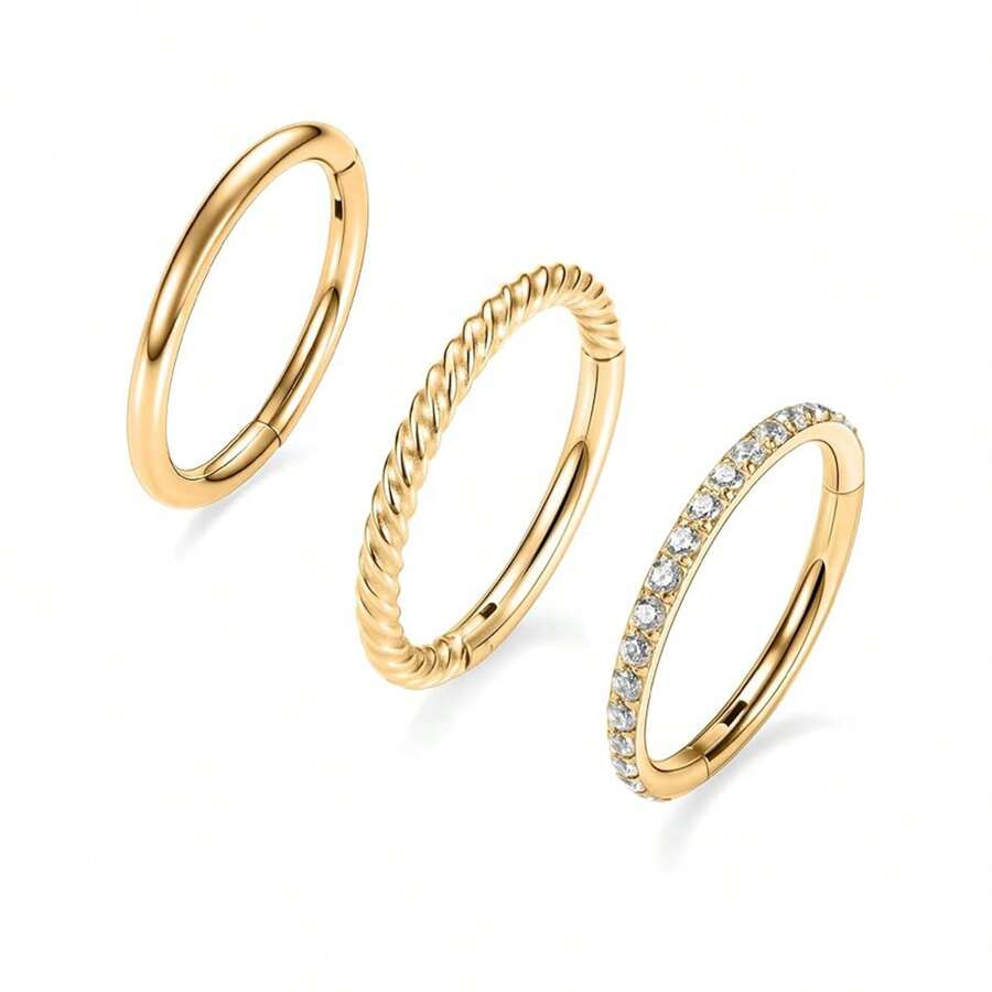 Set de 3 aros para la nariz de acero inoxidable hipoalergénico con bisagras y circonita cúbica, anillo segmentado de 16G para septum, nostril, labio, anillos de cartílago 18K chapados en oro de 8 mm y 10 mm para oreja, aretes de pabellón, concha, hebilla para el ombligo y piercing de pezón, joyería corporal unisex
