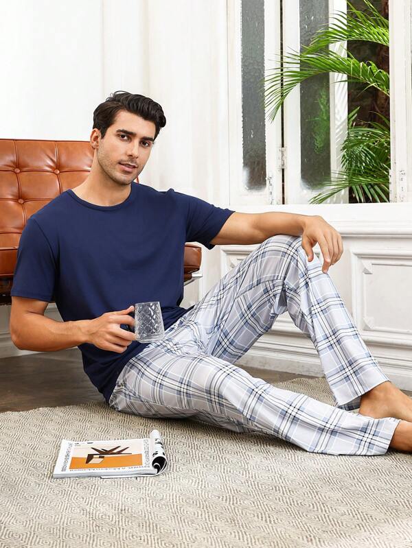 Conjunto de pijama de manga corta para hombres con pantalones, estampado a cuadros, cómodo y transpirable para usar en casa, primavera y otoño
