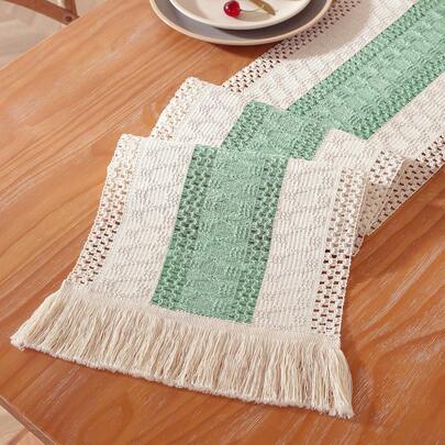 1pc Polyester Linen Vintage Crochet Table Runner, Farmhouse Lace Tassel Decor For Coffee Table, Dresser, Dining Table, Home Decor, Family Gathering, Holiday, Indoor Outdoor, Party, Wedding Decorations