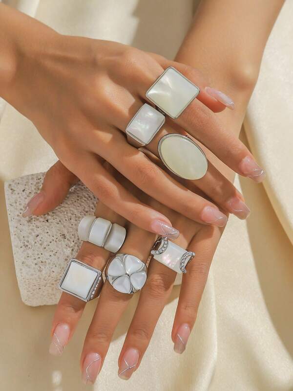 7 pièces Ensemble de bagues en agate noire vintage - Bijoux polyvalents bohème chic en alliage, convenant pour un style quotidien et des occasions spéciales