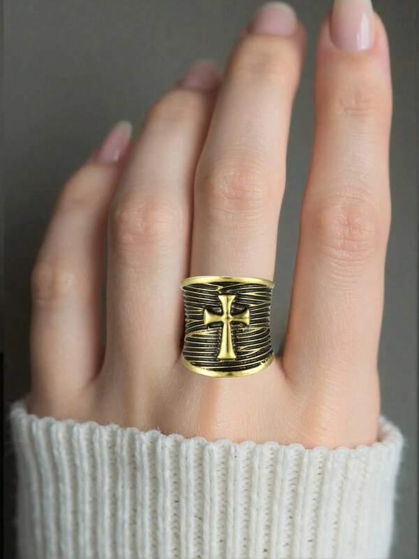 1pc Vintage Style Antique Bronze Color Cross Texture Elastic Ring, Suitable For Daily, Party, And Holiday Wear
