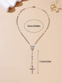 1pc 4mm Stainless Steel Floral Pattern Gold Virgin Mary Cross Rosary Necklace (Inlaid Artificial Diamonds), Lightweight Luxury Necklace For Women's Daily Wear