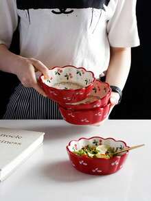 4/2个 6/5.7英寸 红色玫瑰陶瓷碗，草莓沙拉碗，可爱水果搅拌碗，饭碗，甜点碗，适用于家庭厨房、餐厅、聚会、微波炉 - 紅色 - 查看 3
