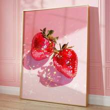 1/3 piezas Obra de arte de fresas, arte de pared de estilo moderno, fondo rosa con fresas rojas, obra de arte en lienzo de frutas dulces y jugosas, regalo ideal para decoración de cocina, comedor, dormitorio, oficina, sala de estar, hogar y dormitorio, sin marco / enmarcado - Multicolor - Ver 1