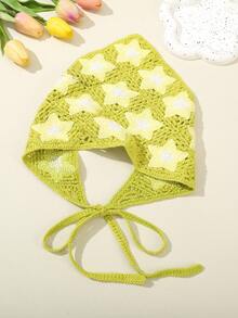 1 件女士头巾可爱绿色针织星星图案日常佩戴围巾钩针头巾发巾