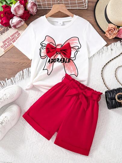 Tween Girls Butterfly Print Short Sleeve Top And Paper Bag Waist Shorts Set